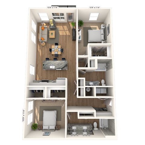 Floor plan for 2 beds, 2 baths, 1388 sqft